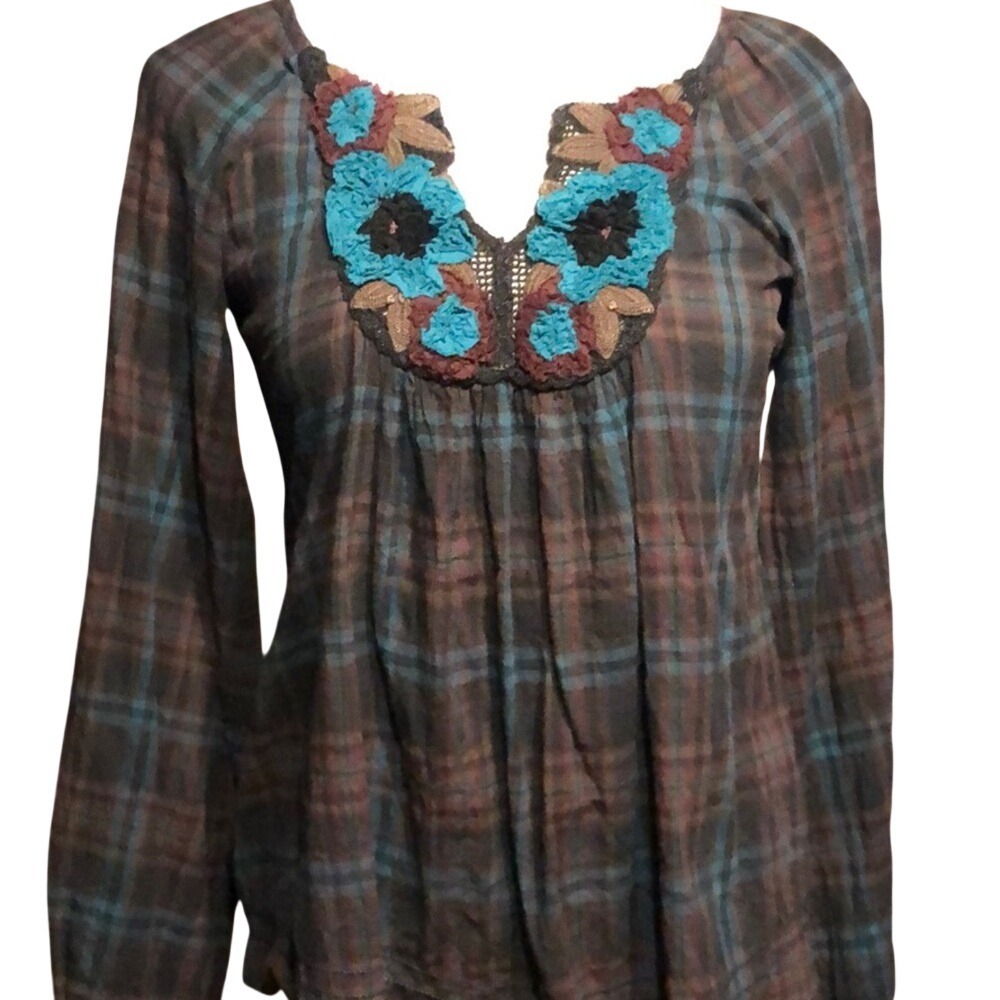 Max Studio Womens XS Plaid Crochet Floral Boho Long Sleeve Blouse Brown Teal